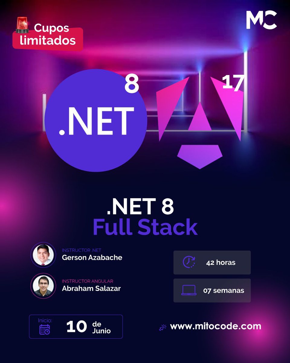 mitocode's tweet photo. ¡Hey coder! 🙋🏻 🙋🏻‍♂️. Te compartimos la ruta que seguirás en nuestro curso .NET 8 Full Stack 👩🏻‍💻👨🏻‍💻

✅ .NET 8 Full Stack
📆 Inicio: 10 de Junio
📲 https://t.co/QEYB3YiQ6m
.
#mitocode #programador #programacion #tecnologia #netfullstack #net #net8 #rutadecurso https://t.co/FaEDlduBxQ