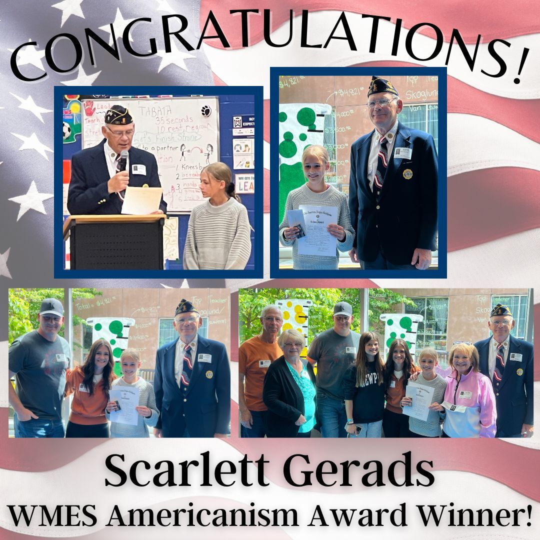 🎉🎉Congratulations to WMES student, Scarlett Gerads for being honored with receiving this year's Americanism Award!!  Mr. John Weinzierl, Cmdr. of the Watertown Legion Post 121, presented this award earlier this week!  Congratulations, Scarlett!💙❤️  #WMRoyalPride #OwnTheCrownWM