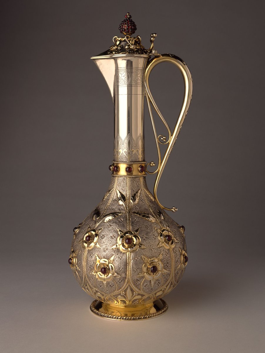 Silver Claret Jug and Cover made by Birmingham company John Hardman &amp; Co, 1861-1862. Today's <a href="/artukdotorg/">Art UK</a> #OnlineArtExchange theme is the colour silver.
