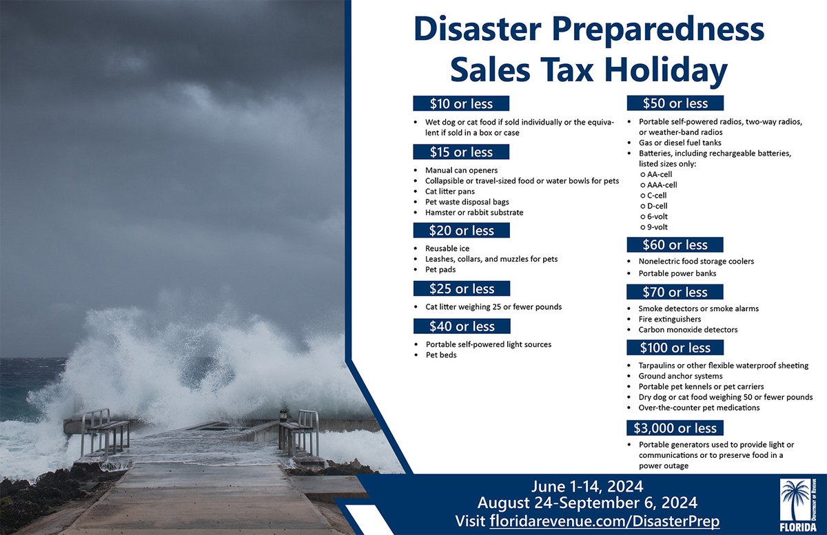 The 2024 Disaster Preparedness Sales Tax Holiday is from June 1-14, 2024! During this time, Floridians can prepare for hurricane season while saving money on essential disaster preparedness items. For a complete disaster supply kit checklist: FloridaDisaster.org/Kit