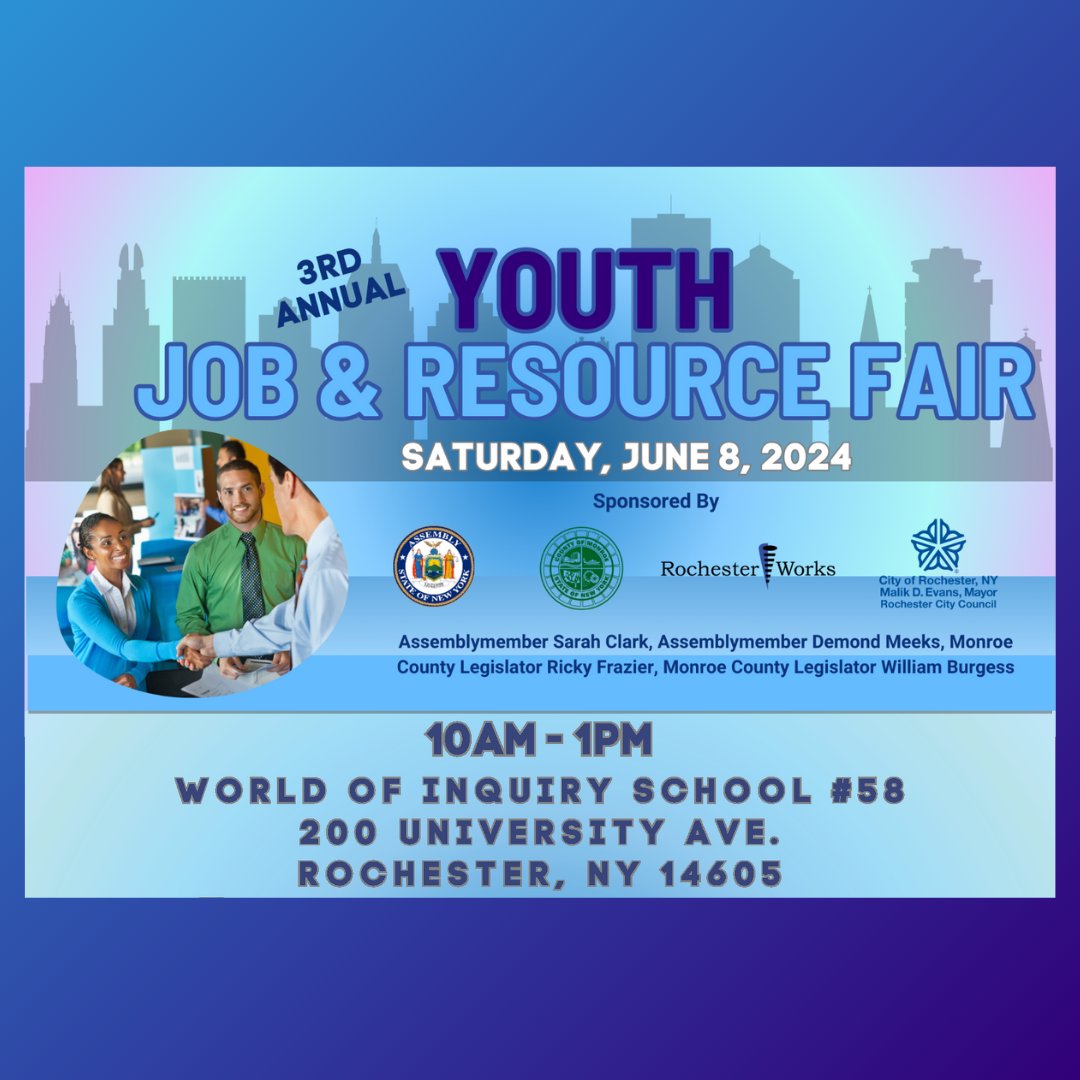 JOB SEEKERS! It's time again for our 3rd Annual Youth Job & Resource Fair. On Saturday, June 8th from 10 AM – 1 PM at the World of Inquiry School #58. 

NO registration or sign-up is required! Just swing by anytime between 10 AM - 1 PM and dress to impress!