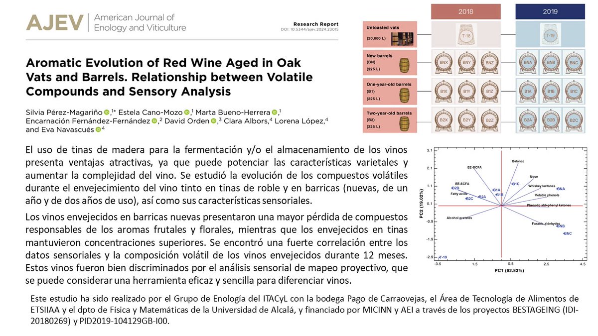 🍷Un estudio determina que los tintos envejecidos en tinas mantienen concentraciones superiores de compuestos responsables de aromas frutales y florales frente a los envejecidos en barricas nuevas ✅ #ITACyL @pagocarraovejas @ETSIIAAPalencia @UAHes @CienciaGob @AgEInves