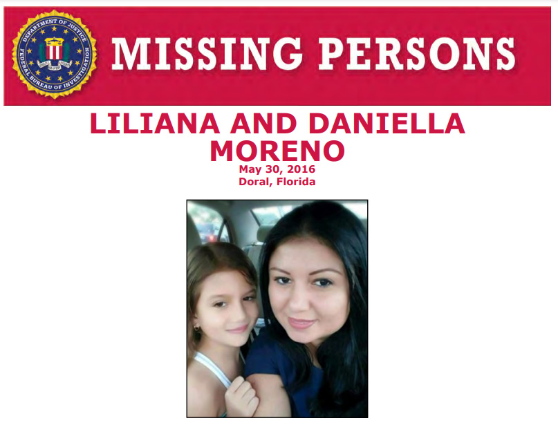 The #FBI offers a reward of up to $25,000 for info leading to the whereabouts of Liliana Moreno & her daughter, Daniella, who have been missing from Doral, Florida, since May 30, 2016. They were allegedly last seen at or near the Home Depot in Hialeah, FL: fbi.gov/wanted/kidnap/…