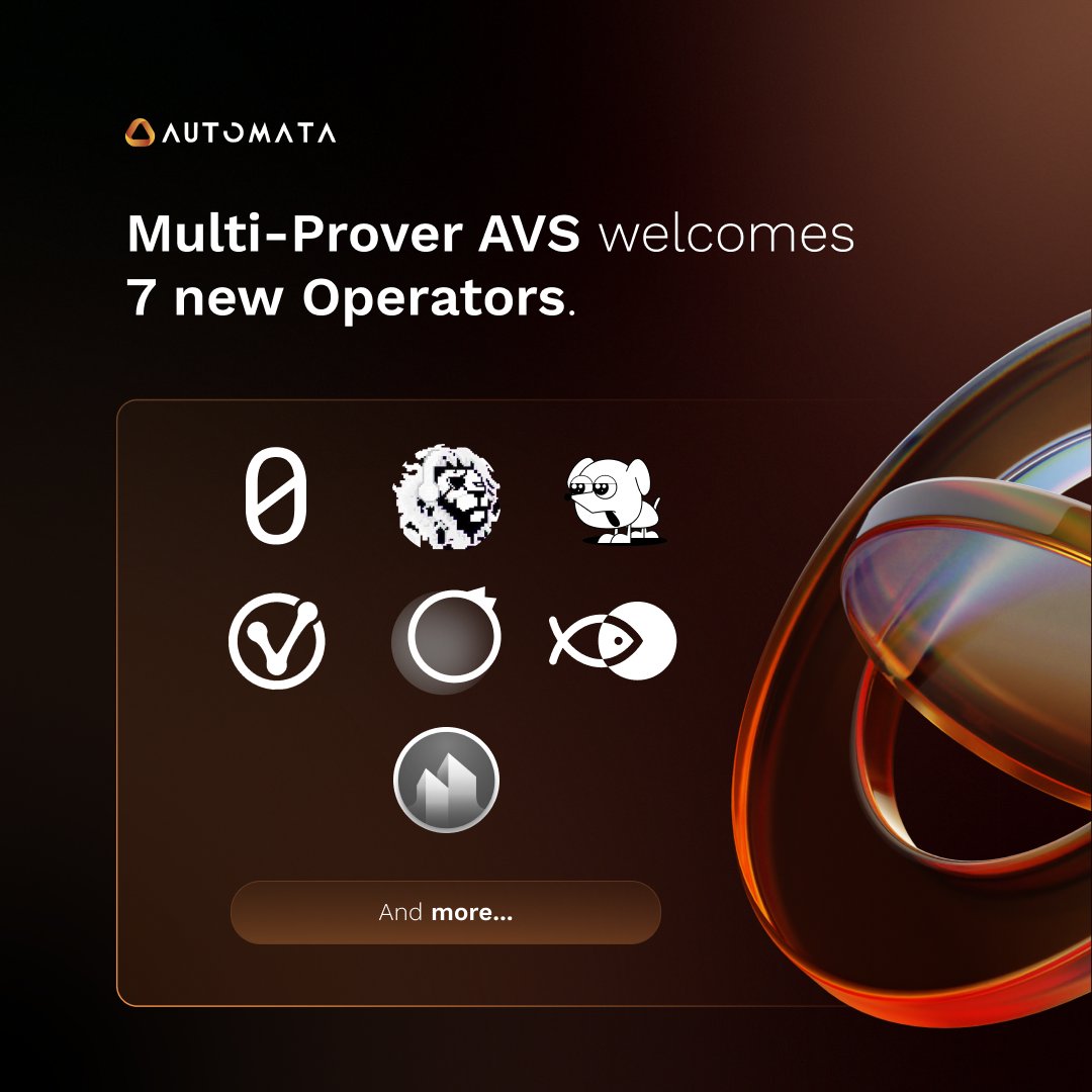 Automata Network (@automatanetwork) on Twitter photo 43 operators now secure Automata's Multi-Prover AVS on <a href="/eigenlayer/">EigenLayer</a>, with 7 new additions ✦
Welcome, <a href="/cp0xdotcom/">cp0x.com</a>, <a href="/dogswithnodes/">Dogs with nodes</a>, <a href="/eleon_bit/">Eleon.eth Ξ Da3m0ns.eth Eigenlayer operator</a>, <a href="/POpsTeam1/">P-OPS Team</a>, <a href="/Ryabinaio/">Ryabina validator</a>, <a href="/stakefish/">stakefish</a>, and <a href="/unity_capital/">unity capital / validator</a>. 43 operators now secure Automata's Multi-Prover AVS on <a href="/eigenlayer/">EigenLayer</a>, with 7 new additions ✦
Welcome, <a href="/cp0xdotcom/">cp0x.com</a>, <a href="/dogswithnodes/">Dogs with nodes</a>, <a href="/eleon_bit/">Eleon.eth Ξ Da3m0ns.eth Eigenlayer operator</a>, <a href="/POpsTeam1/">P-OPS Team</a>, <a href="/Ryabinaio/">Ryabina validator</a>, <a href="/stakefish/">stakefish</a>, and <a href="/unity_capital/">unity capital / validator</a>.