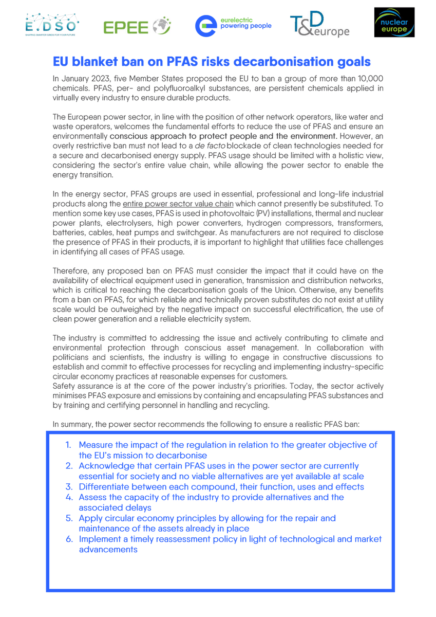 Eurelectric's tweet photo. 📢 A blanket #PFAS ban risks delaying or jeopardising the power sector's decarbonisation goals!

Read our joint statement with @EDSO_eu, @EPEESecretariat, @Nucleareurope, &amp; @BetterGrids 👉 https://t.co/A77bGa7tKA https://t.co/zrvnzIzh06