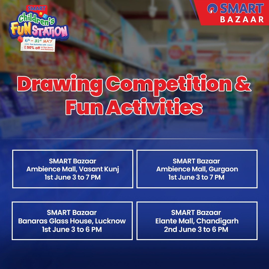 SMARTBazaarIn's tweet image. Looking for a fun way to spend your child's day? Join us for a drawing competition, fun games with an emcee, and an afternoon of entertainment!  Don't miss out, it's going to be a blast!

#SMARTBazaar #ChildrensFunStation #FunStation #KidsTime