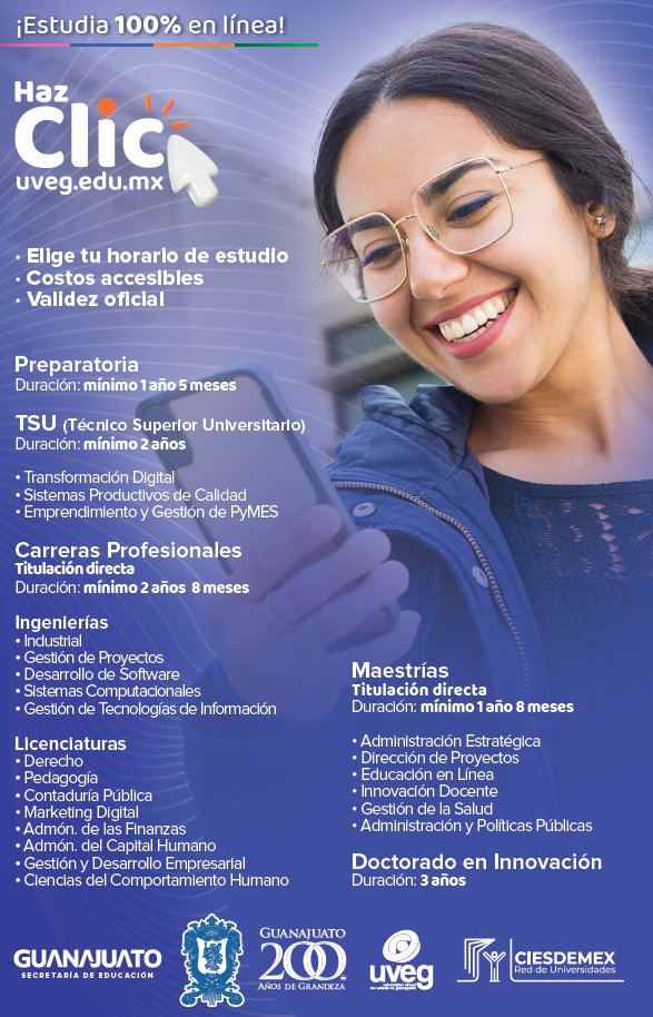 📣Conoce la Convoctaria de Admisión Universidad Virtual del Estado de Guanajuato @UVEGonline para estudiar 100% en línea. 💻🌎

➕💻ℹ️: uveg.edu.mx/index.php/es/

#EducaciónADistancia #CIESDEMEX @IME_SRE