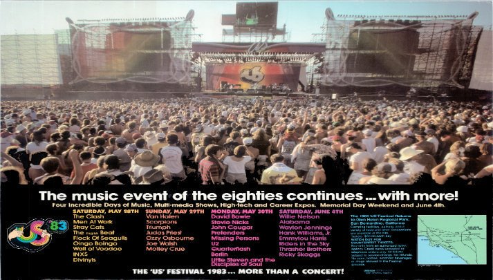 May30,1983 The 3rd day (Rock Day) of the 4 day US Festival '83' in California, featuring David Bowie, Stevie Nicks & more. Over 750k attend