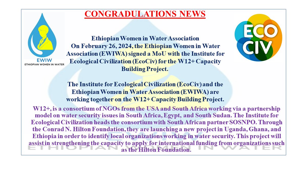 On February 26, 2024, the @ewiwethiopia
signed a MoU with the @EcoCiv_ for the W12+ Capacity Building Project. The @EcoCiv_ and the @ewiwethiopia
are working together on the W12+ Capacity Building Project.

@EcoCiv_
@adanech_yared
@MeseretDawitT
@MetinafMorka
@kenatu