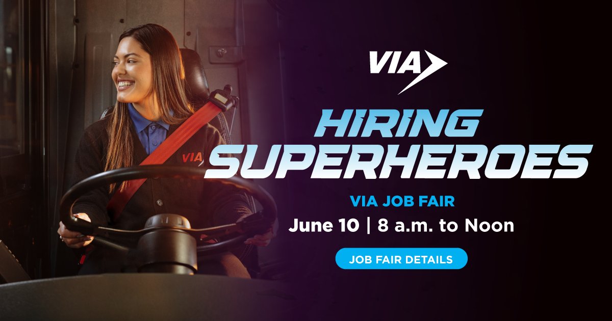 Your career is calling! 🗣️ Join VIA for a job fair on Monday, June 10, from 8 a.m. to noon at the VIA Metro Center. Explore exciting opportunities & make a difference in your community. Free parking available! Learn more & apply: VIAinfo.net/employment