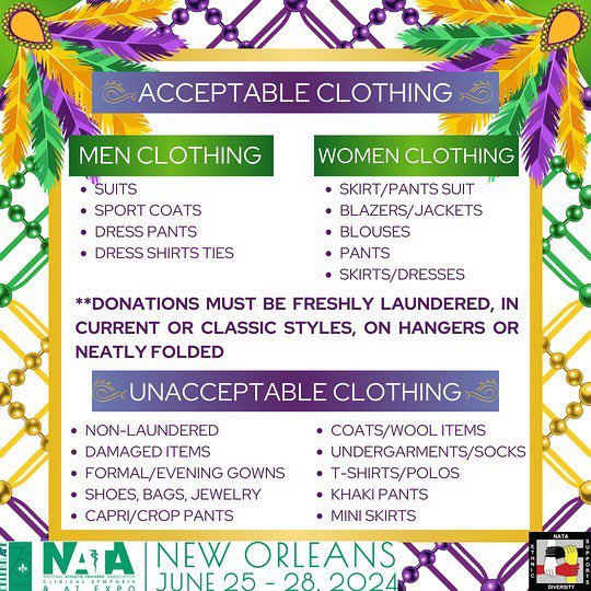 UPDATED LOCATIONS FOR DROP OFF!!! 

EDAC, in collaboration with the NATA DEIA Council &amp; LBGTQ+ Advisory Committee, will be launching a “DRESS FOR SUCCESS CAREER CLOSET” program at the 2024 NATA Convention. This program will collect gently used, clean &amp; freshly laundered