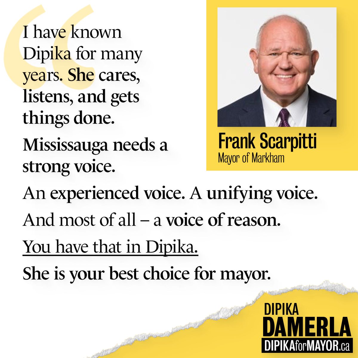 Thank you to Markham Mayor Frank Scarpitti for the endorsement!

“She is your best choice for mayor” -@frankscarpitti