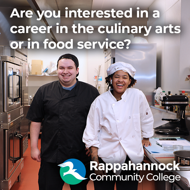 Short-term programs at #RCC prepare you for a #career in the #culinaryarts & #foodservice management industries. Classes are held at our #culinary lab at the Glenns campus & at our Kilmarnock site. More: rappahannock.edu/explore-progra…

Contact 804-333-6730, advisor@rappahannock.edu