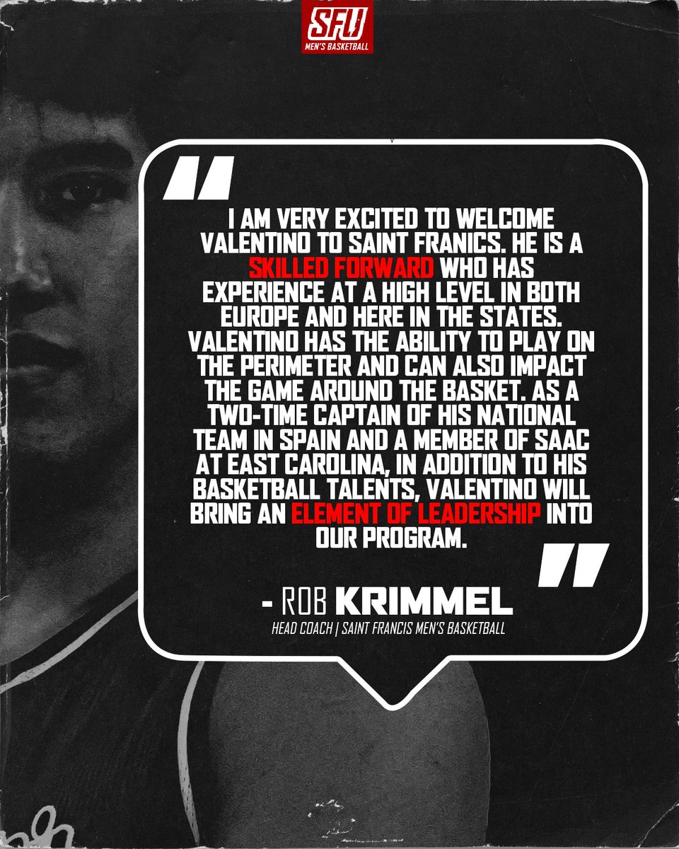 ✒️ 𝒱𝒶𝓁𝑒𝓃𝓉𝒾𝓃𝑜 𝒫𝒾𝓃𝑒𝒹𝑜

Spain 🇪🇸 ➡️ East Carolina ➡️ Saint Francis

Welcome to the 🔴⚡️🏀 family, Valentino!

🔴⚡️🏀 BELI⚡️VE