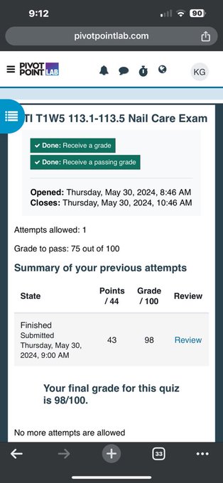 Woot woot 98 on my nail test - just missed this one cause I was thinking gloves are optional for certain