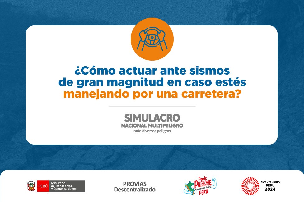 ProviasDes_Pe's tweet photo. ¡Todos nos sumamos al primer #SimulacroNacional2024!

Este 31 de mayo a las 10 a. m. participa y prepárate. Por eso, ¿sabes qué hacer si ocurre un sismo de gran magnitud en caso estés manejando por una carretera?

Conoce cómo actuar en la siguiente gráfica 👇 https://t.co/A4ZjrQ7fKK