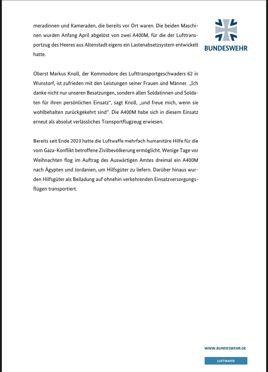 Mission #AirDropForGaza completed! „Mit vereinten Kräften konnten wir unseren Betrag dazu leisten, die Not der Menschen im Kriegsgebiet zu lindern', sagte unser Inspekteur, GenLt Ingo Gerhartz und fügte hinzu: „Das war eine klasse Teamleistung mit @Deutsches_Heer'.