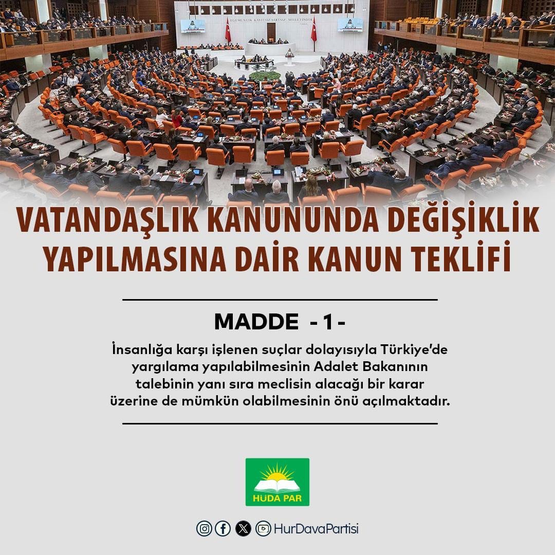 İnsanlığa karşı işlenen suçlar dolayısıyla Türkiye'deyargılama yapılabilmesinin Adalet Bakanının talebinin yanı sıra meclisin alacağı bir karar üzerine de mümkün olabilmesinin önü açılmaktadır.

#ÜlkemdeSiyonistİstemiyorum