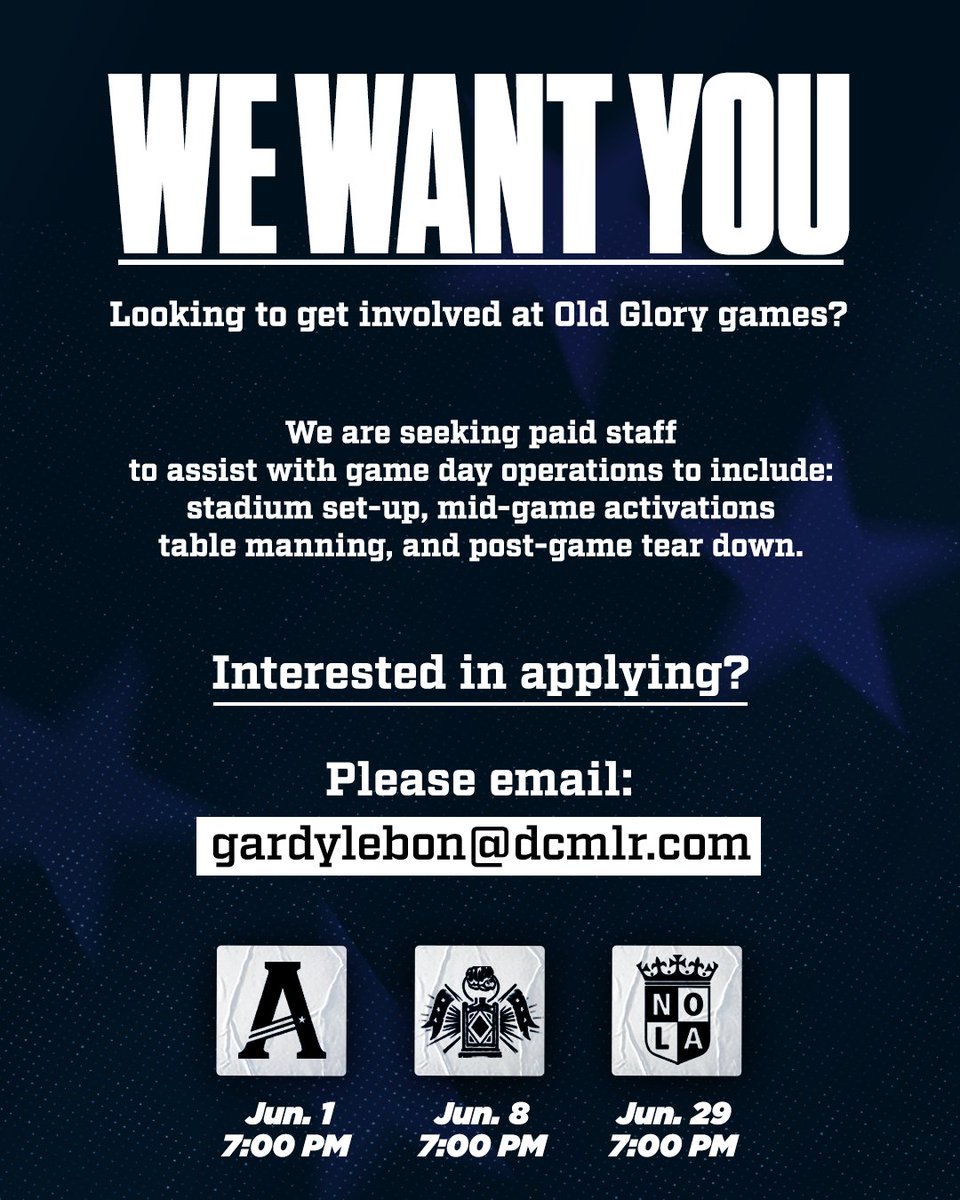 WE WANT YOU Looking to get involved on OG game day? We are seeking paid staff to assist with Old Glory game day operations. Interested in helping out? Please email our game day events manager ➡️ Email in graphic.