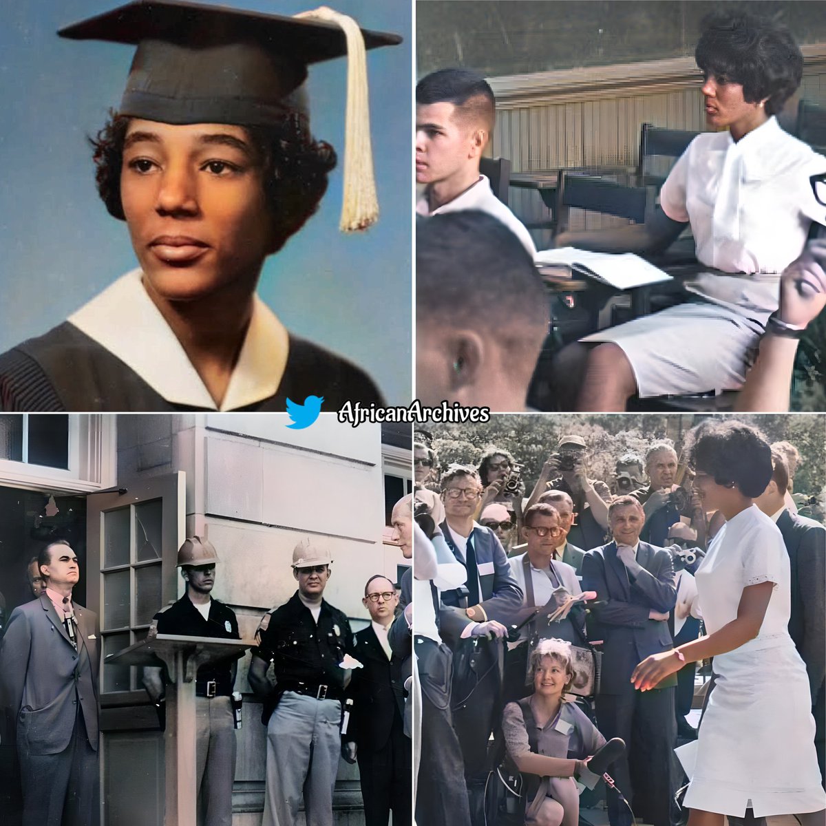 On this day in 1965, Vivian Malone became the 1st black students to graduate from the University of Alabama in it's 134 years of existence. In 1963, Alabama Governor George Wallace physically blocked Vivian and James Hood, two black students, from enrolling in the University.