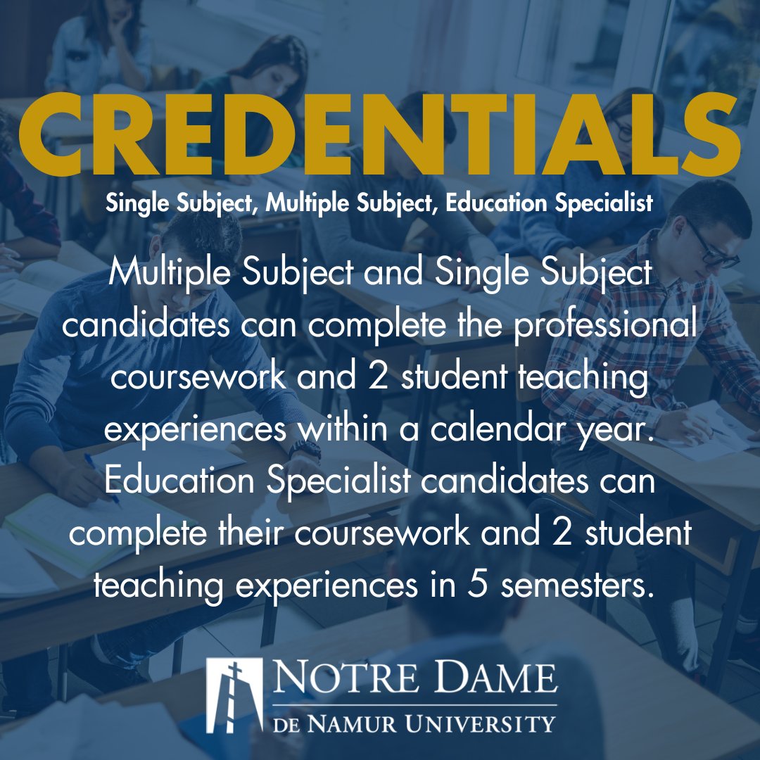 📚Our integrated programs articulate coursework between credential and graduate degrees reducing the time and financial resources required for a degree. 

📚 Start your educational journey: ow.ly/WG8Y50RW98r

#NotreDameDeNamur 
#SFBayArea
#SiliconValley
#TeachingCredentials