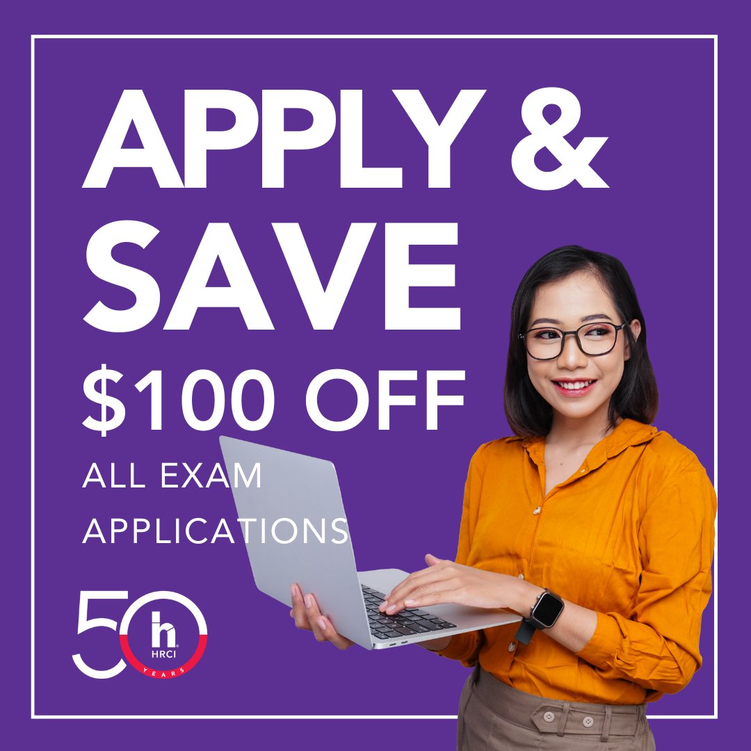 Tomorrow is the FINAL day to save $100 on any HRCI exam application fee. Use code SAVE100 to invest in your future and unlock your career potential. Visit 🔗 ow.ly/pVY850S17kN for more details. 
 
#HRCI #HR #HumanResources #HRCICertifications #HRCertifications #HRPros