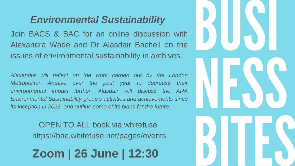 BACS (@busarchscot) on Twitter photo Bookings for our next Business Bites session with <a href="/_BusinessArch/">BAC</a> are now open bac.whitefuse.net/events/businesā¦
Join us on 26th June for an online discussion on the topic of environmental sustainability and archives with Alexandra Wade @LdnMetArchives and Alasdair Bachell <a href="/ARAEnvironment/">ARA Environmental Sustainability</a> Bookings for our next Business Bites session with <a href="/_BusinessArch/">BAC</a> are now open bac.whitefuse.net/events/businesā¦
Join us on 26th June for an online discussion on the topic of environmental sustainability and archives with Alexandra Wade @LdnMetArchives and Alasdair Bachell <a href="/ARAEnvironment/">ARA Environmental Sustainability</a>