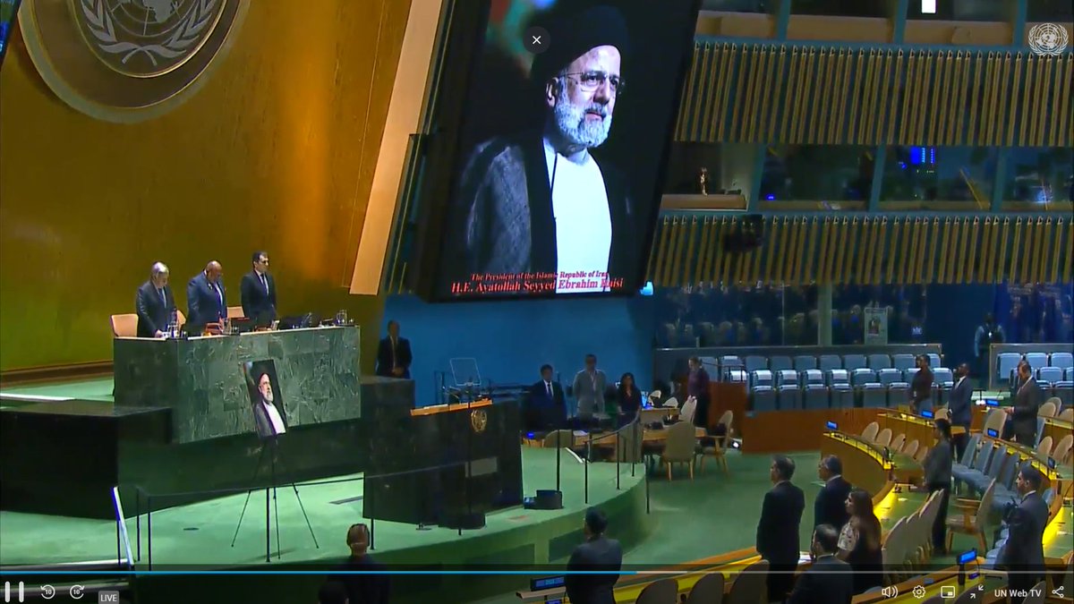 A disgraceful scene right now at the UN Paying tribute to Ebrahim Raisi, a mass murderer who earned the title 'Butcher of Tehran' for his role in the #1988Massacre of 30000 political prisoners Today the UN betrayed the people of Iran #RaisiMassMurderer @UN_PGA @AntonioGuterres