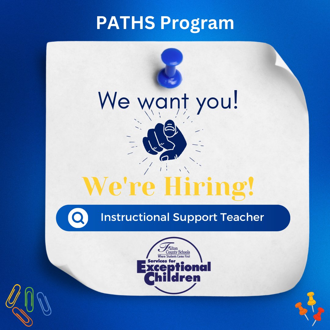FCS SEC (@fcs_sec) on Twitter photo Come support our staff and students as an Instructional Support Teacher for the PATHS Program! Apply today! #SECSTRONG <a href="/GillandTris/">Tris Gilland</a> <a href="/SherryCP3/">Sherry Peterson</a> <a href="/YolandaBW/">Dr. Yolanda Brownlee</a>
jobs.fultonschools.org/job/Atlanta-In… Come support our staff and students as an Instructional Support Teacher for the PATHS Program! Apply today! #SECSTRONG <a href="/GillandTris/">Tris Gilland</a> <a href="/SherryCP3/">Sherry Peterson</a> <a href="/YolandaBW/">Dr. Yolanda Brownlee</a>
jobs.fultonschools.org/job/Atlanta-In…