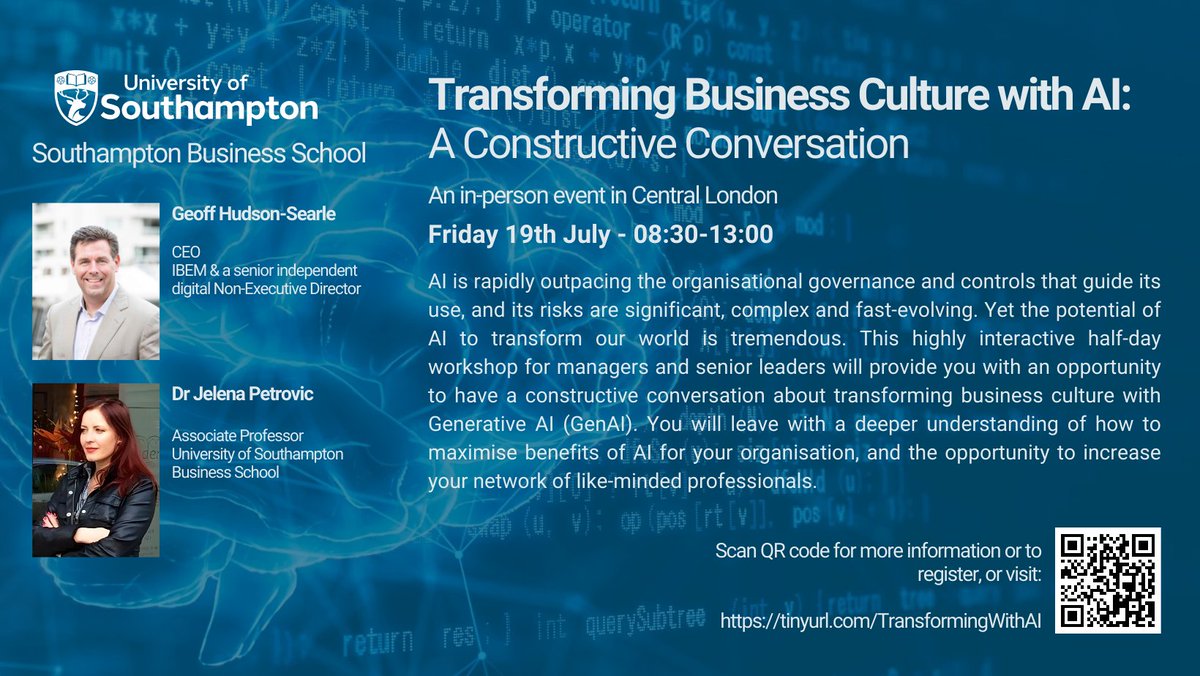 Join us at our event in Central London: Transforming Business Culture with AI: A Constructive Conversation

For info, or to register visit 👉tinyurl.com/TransformingWi…