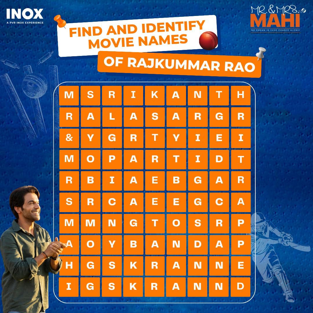 It's time to put your knowledge to the test! Dive into this puzzle and uncover the hidden gems of Rajkummar Rao's iconic films🧩 How many were you able to find? Let us know in the comments👇 . Watch #MrAndMrsMahi at your nearest #INOX Book your tickets now: