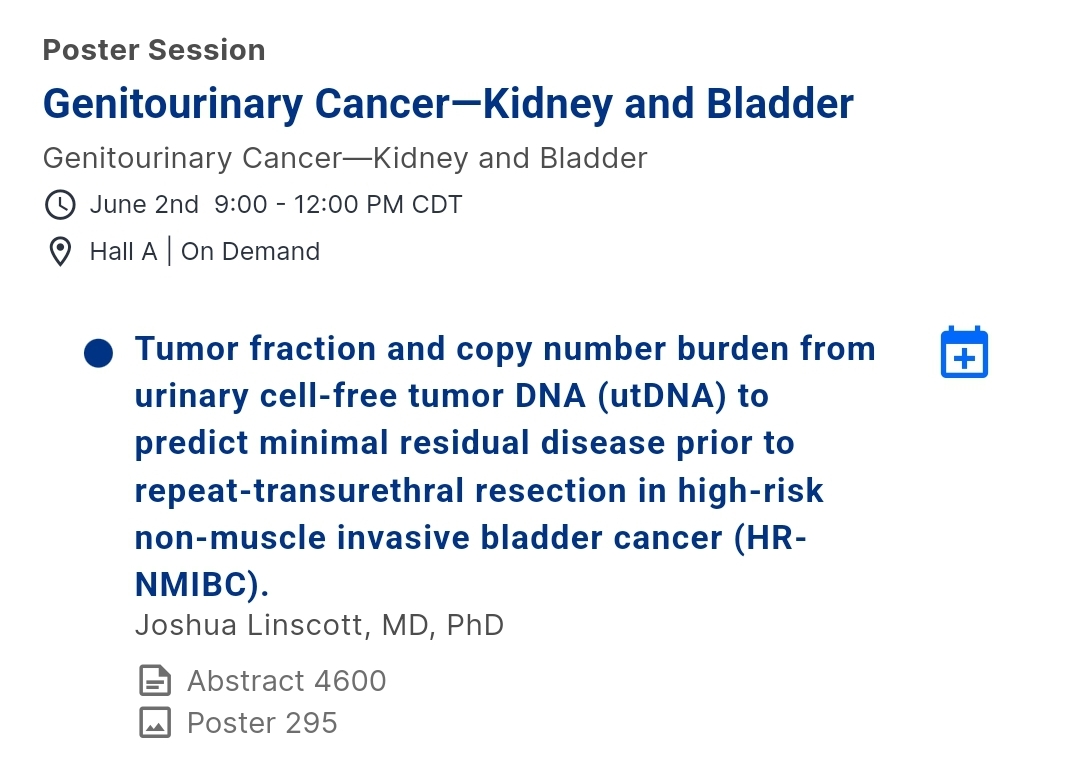 🩸#ASCO24 Minimal Residual Disease #MRD Series🔥
📢#4600 #BLCSM
🎙️Dr. Joshua Linscott
🧬Urinary cfDNA (utDNA). PredicineBEACON personalized ultra-deep sequencing
🎯MRD can be detected accurately using utDNA prior to rTURBT
#liquidbiopsy @OncoAlert @ASCO
meetings.asco.org/abstracts-pres…