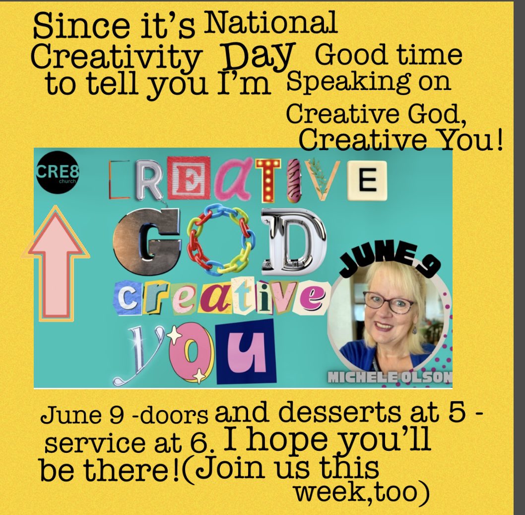 I hope my Green Bay Area friends can come to CRE8 church any Sunday -every one is so worth it-(Sundays 6pm) but I’d love to see your shiny face June 9th when I share a message about Creative God; Creative you. @CRE8 church #beingethelauthor #creativeGod #churchfamily