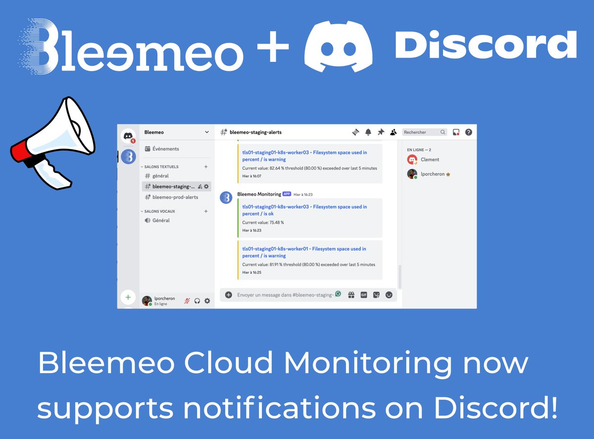 🚀 Exciting update from @Bleemeo! 🎉 Our Cloud Monitoring platform now supports notifications on @Discord! Get real-time alerts and stay on top of your infrastructure's performance directly within your favorite chat. Improve your response times effortlessly! #monitoring #devops