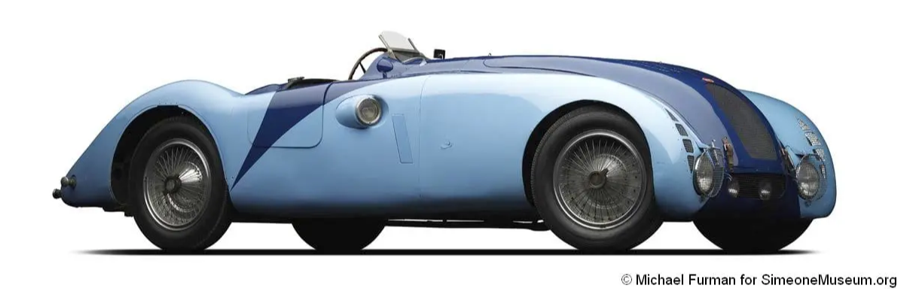 The 1937 LeMans winning Bugatti Type 57G 'Tank' of Robert Benoist & Jean-Pierre Wimille. The actual race-winning car, the sole survivor of 3 Type 57G's built, can be found at the incredible @SimeoneMuseum in Philadelphia.