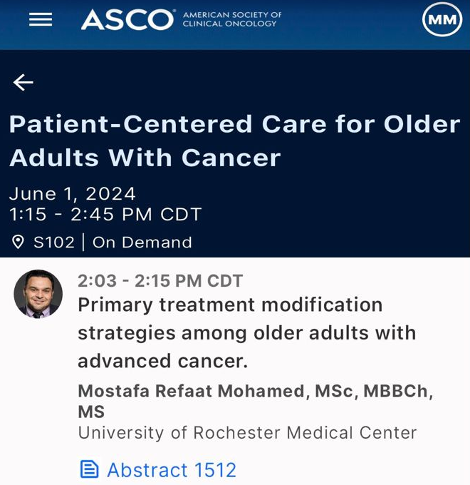 Thrilled to attend the ASCO for the first time as an oral presenter! I will share our results on 1ry tx modification in older adults with cancer at the GeriOnc Clinical Science Symposium on Saturday at 1:15 pm. Looking forward to the discussions! <a href="/WilmotCancer/">Wilmot Cancer Institute</a> <a href="/UR_Med/">UR Medicine</a>  
#ASCO24