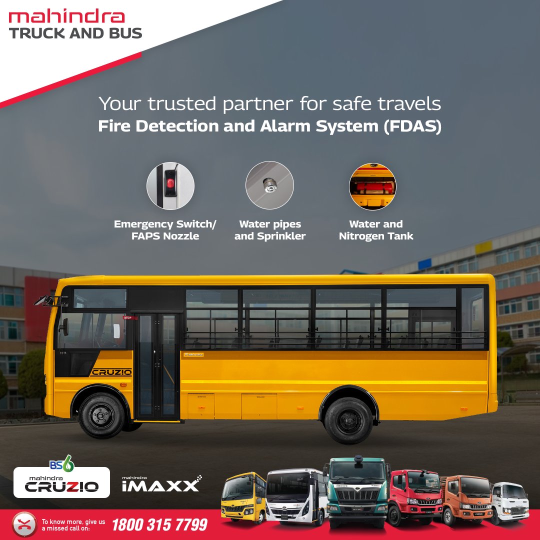 The Mahindra CRUZIO school bus is built for a safe and stress-free commute. With the advanced Fire Detection and Alarm System (FDAS), our school bus ensures the highest level of safety for all passengers.

#SchoolBusOfTheYear #SchoolBus  #Cruzio #Mahindra #MahindraTruckAndBus