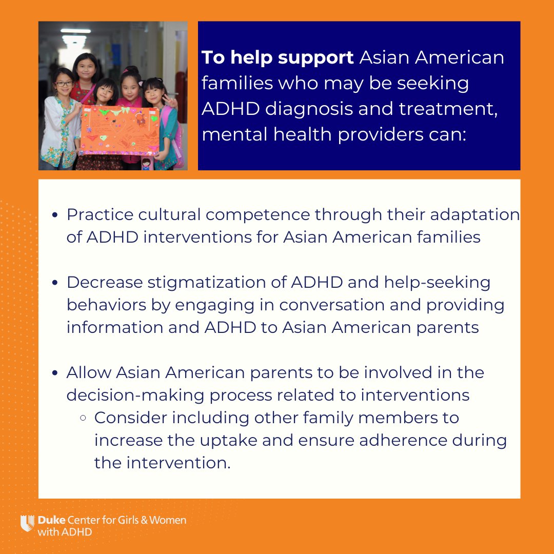 ADHDGirlsDuke's tweet photo. A review from Pham (2013) emphasized the need to practice cultural competence and adapt interventions to destigmatize help-seeking behaviors and suit the unique needs of Asian American families. #AAPIMonth #Research #ADHDinWomen #ADHDinGirls #ThinkDifferently #DukeHealth (2/2) https://t.co/l8kaESgXhw