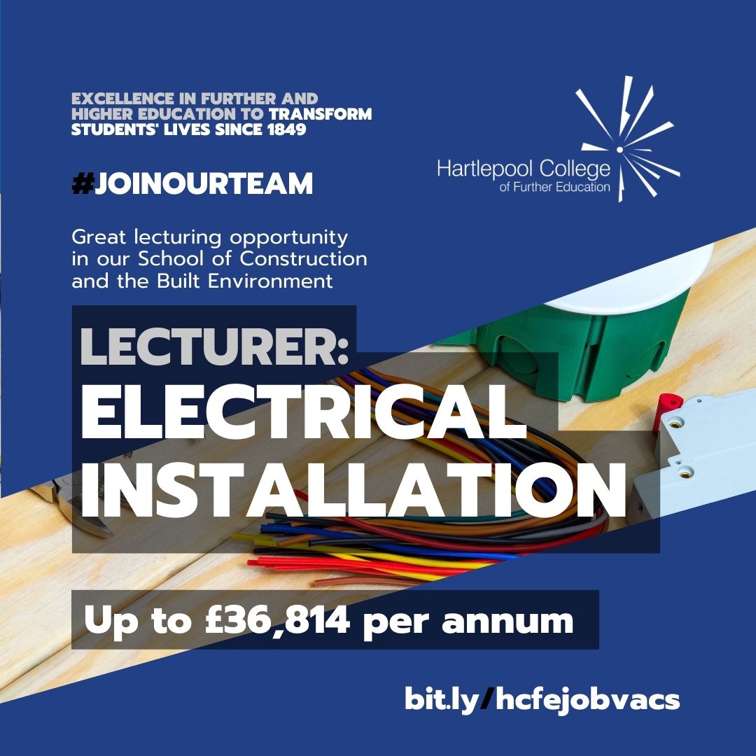 #JoinOurTeam ~ We're hiring! Looking for a passionate Lecturer in ELECTRICAL INSTALLATION. Full-time, up to £36,814/year, 47 days holiday. 
Apply by June 4 (9.00am)

More info: bit.ly/HCFEJobVacLecEI

#TransformingLives #Recruitment #ElectricalInstallation