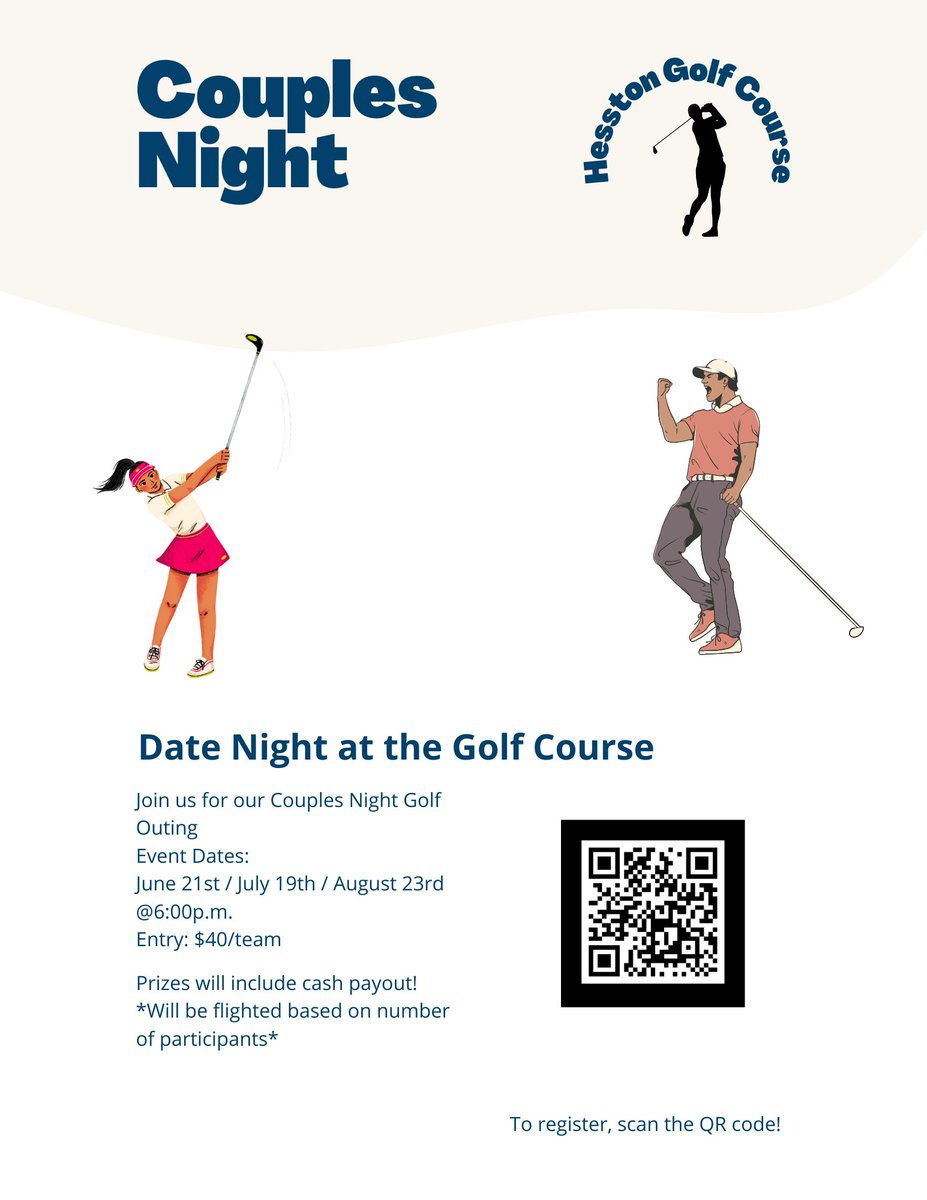 GolfHesston's tweet photo. Attention Hesston Golf Course Enthusiasts: We are excited to announce the summer schedule of our  Couples Night!
Couples Night will be on June 21st / July 19th / August 23rd
Sign up for June 21st: https://t.co/uWoM9XcPC0 https://t.co/mxdTuVDZEx