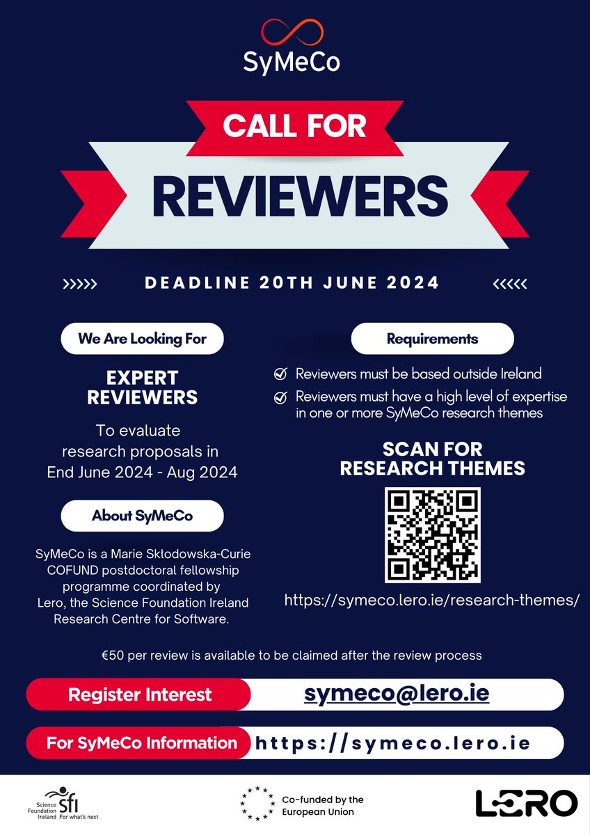 SyMeCo Fellowships (@symecocofund) on Twitter photo 📢Call for Reviewers 📢
We are looking for expert reviewers based outside Ireland to participate in the SyMeCo International Peer Review Committee.
To register interest, please send your CV and areas of expertise to symeco@lero.ie
RT's appreciated 🙏@lerocentre <a href="/UL_Research/">UL Research</a> 📢Call for Reviewers 📢
We are looking for expert reviewers based outside Ireland to participate in the SyMeCo International Peer Review Committee.
To register interest, please send your CV and areas of expertise to symeco@lero.ie
RT's appreciated 🙏@lerocentre <a href="/UL_Research/">UL Research</a>