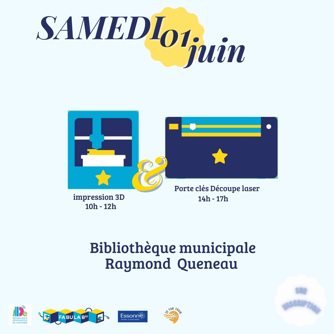 zefabtruck's tweet photo. 📅 Ce samedi, rejoignez-nous à la bibliothèque municipale de Limours pour une journée créative !
🕙 De 10h à 12h, participez à notre atelier d'impression 3D, puis de 14h à 17h, découvrez la création de porte-clés à la découpe laser. ✨
#essonne #ZFT #zefabtruck #imprimante3D https://t.co/paaGhQHKGv