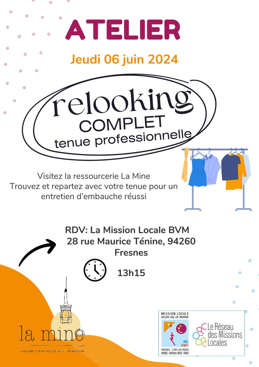 📢 Atelier Relooking Complet Tenue Professionnelle! 👔✨

📅 Jeudi 06 juin 2024
🕐 13h15
📍 28 rue Maurice Ténine, Fresnes

Visitez la ressourcerie La Mine et repartez avec une tenue d'entretien parfaite !