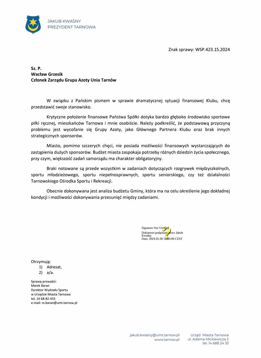 Unia Tarnów (@unia_tarnow) on Twitter photo Przedstawiamy Państwu pismo skierowane do Pana Prezydenta Miasta Tarnowa <a href="/JakubKwasny/">Jakub Kwaśny</a> w sprawie pomocy w ratowaniu klubu oraz jego odpowiedź.
Ocenę oraz komentarz pozostawiamy Państwu.
O ostatecznych krokach podjętych przez zarząd będziemy informować w najbliższych dniach. Przedstawiamy Państwu pismo skierowane do Pana Prezydenta Miasta Tarnowa <a href="/JakubKwasny/">Jakub Kwaśny</a> w sprawie pomocy w ratowaniu klubu oraz jego odpowiedź.
Ocenę oraz komentarz pozostawiamy Państwu.
O ostatecznych krokach podjętych przez zarząd będziemy informować w najbliższych dniach.