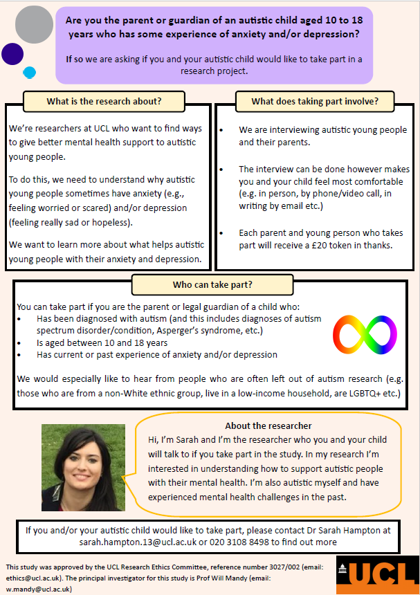 SarahCHampton's tweet image. Our new study on anxiety and depression in autistic young people has begun! We&apos;re looking for autistic young people and their parents to talk to us about mental health. If interested, please contact me to hear more.