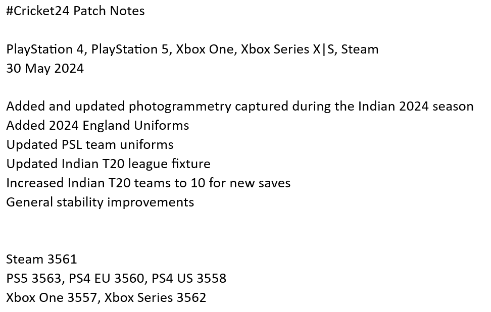 BigAntStudios's tweet photo. 30 May 2024 #Cricket24 Patch Notes
Steam is live now, consoles will follow throughout the next 24 hours as they propagate through the system.

PlayStation 4, PlayStation 5, Xbox One, Xbox Series X|S, Steam https://t.co/c5KDx9XUiQ