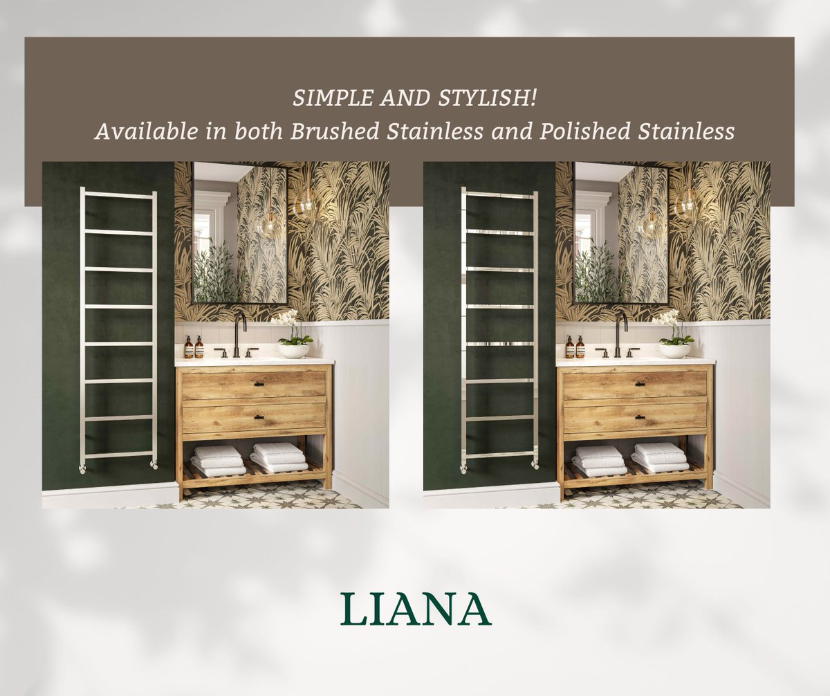 The Liana is the King of simplicity! Perfect for any style modern bathroom with the added benefit of Stainless Steel in Polished and Brushed options. The Liana also has a fantastic 25 year guarantee, so you’ll always be covered! #towelrail #heating #plumbing #stainlesssteel