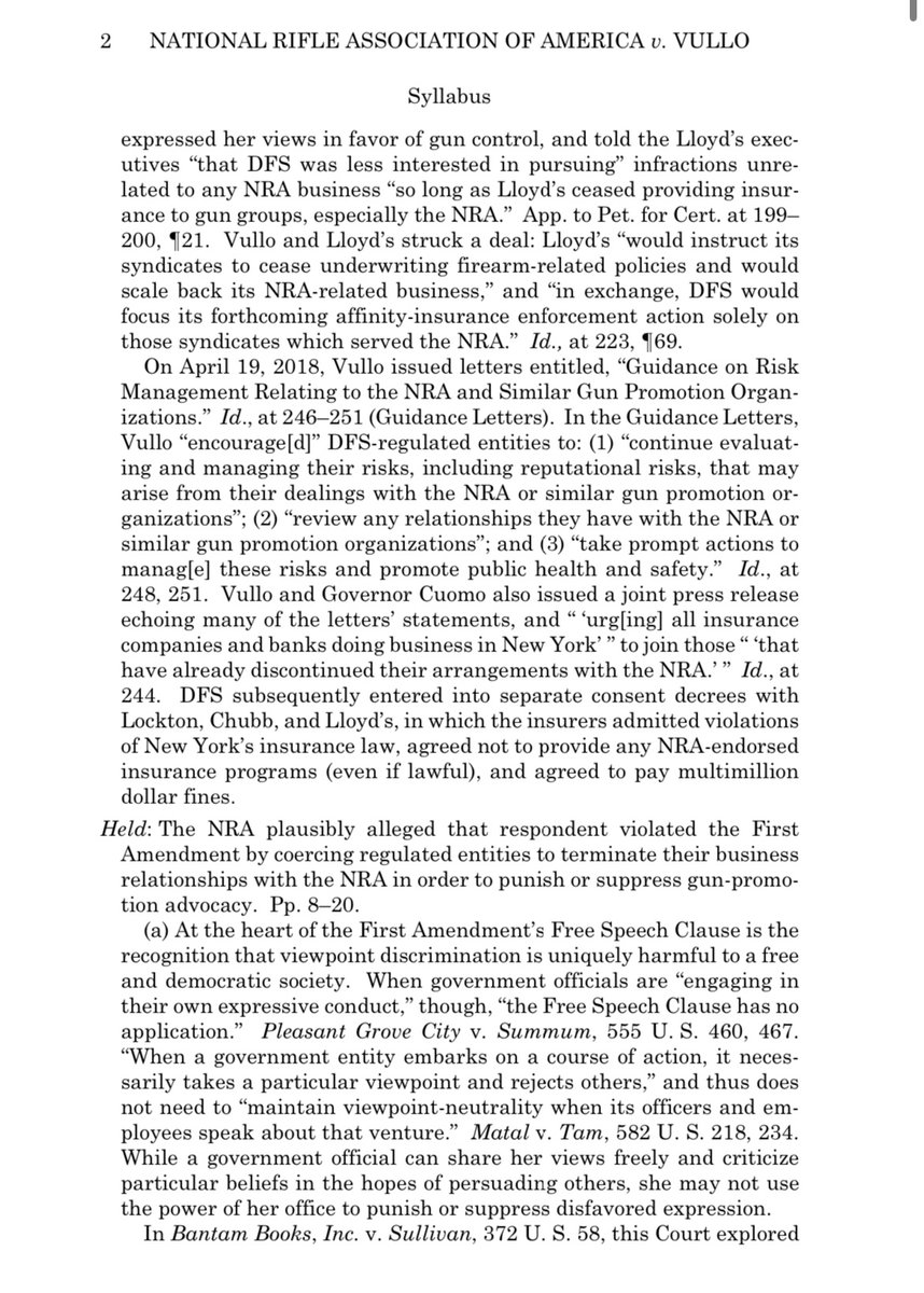 In a unanimous decision, the Supreme Court ruled today that New York officials violated the First Amendment by coercing insurance and banking companies to no longer do business with the National Rifle Association as punishment for the group’s gun views. supremecourt.gov/opinions/23pdf…