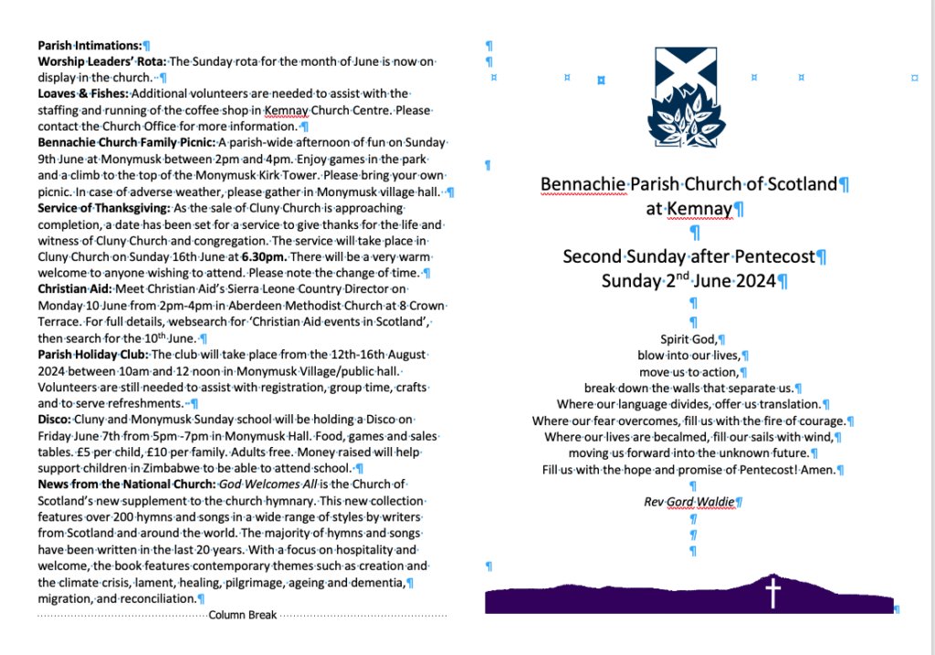 BPC at Kemnay 10am on 2nd June 2024 -  bennachieparish.church/2024/05/30/bpc… 
Please come and join us for the Sunday 10am Service at Bennachie Parish Church at Kemnay or you can also join online see here for details. http://viewservice.bennachieparish.chu...