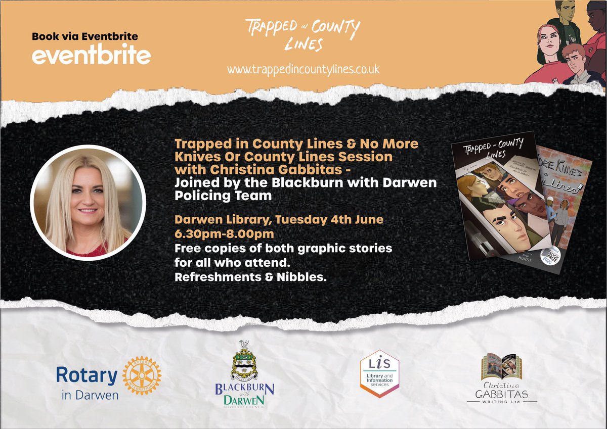 FREE event in #Darwen library @BwDLibraries Tue 4th June, 6.30pm-8.00pm. I will be joined by DS Sheralyn Melton from @BlackburnPolice - who is also a judge on my national initiative. Link to book: eventbrite.co.uk/e/trapped-in-c… More about initiative: trappedincountylines.co.uk/competition/ #CCE